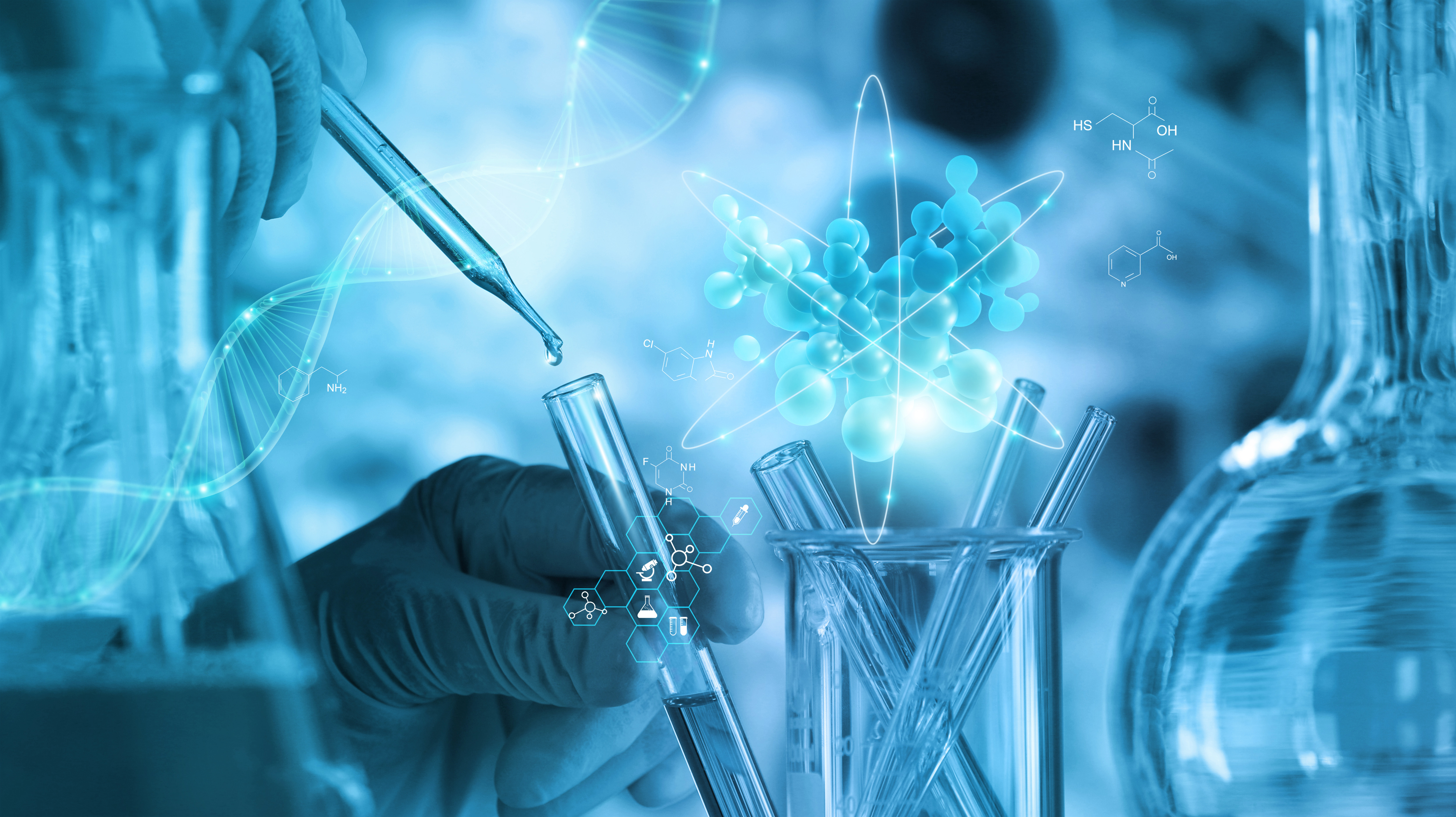 花瓣素材_科学家们正在用分子模型、DNA、实验室中分子和原子的科学背景、医学科学和生物技术、3D渲染进行实验和_127212974.jpg